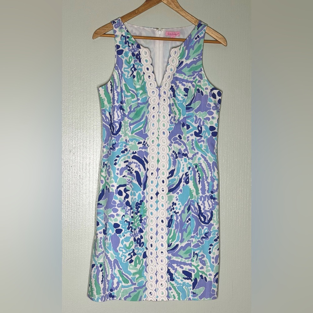 Lilly Pulitzer Mint, Aqua & Lavender Printed Shift Dress with White Lace Trim
